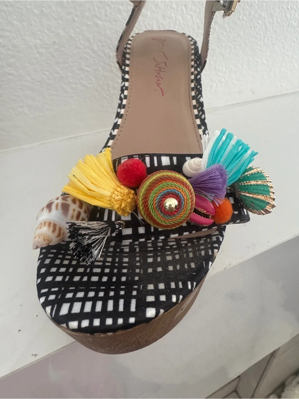 Betsy Johnson Black & White Patterned Platforms with Multicolor Tassel Accents